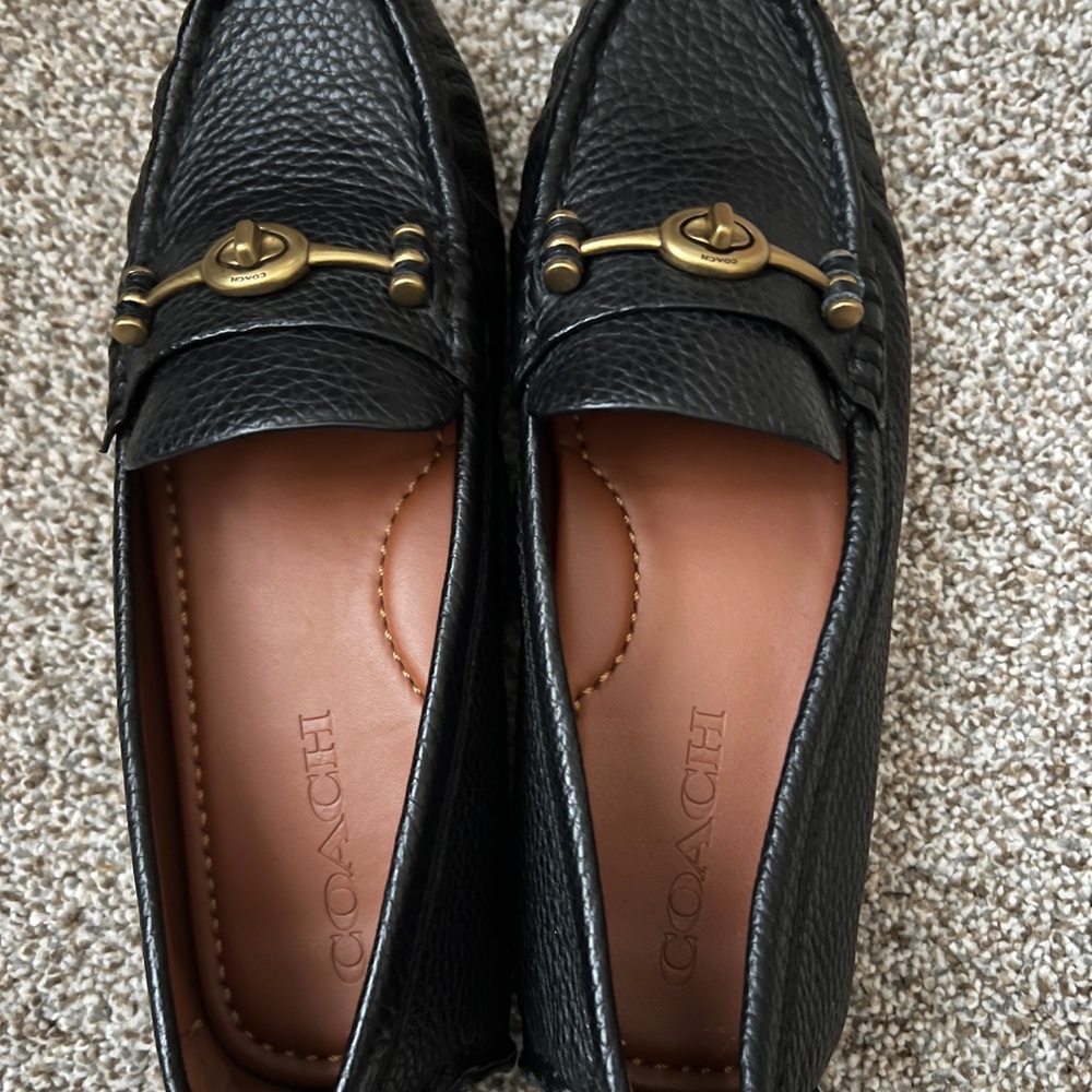Coach Black Leather Slip-On Shoes with Gold Accents